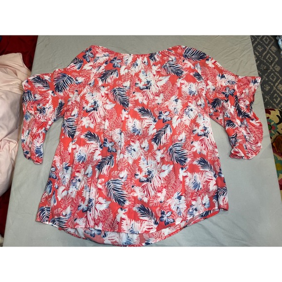 Terra & Sky Floral Print Blouse Top 1X Coral Red Navy White Womens - Picture 2 of 5